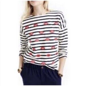 J.Crew White Blue Striped Embroidered Red Lips Pullover Top Size Small